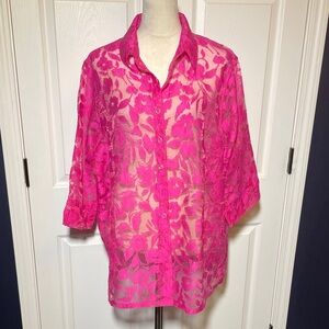TanJay Fuchsia Floral Semi-Sheer Button Down Shirt Size 16
